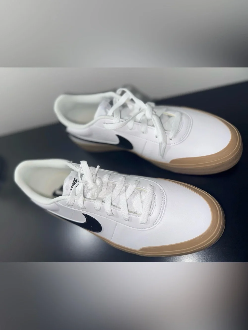 Nike Men’s White Sneakers with Black Swoosh and Gum Sole
